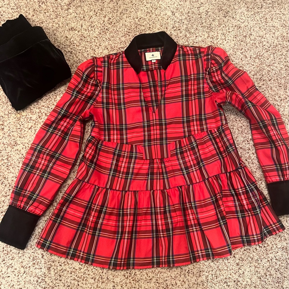 NWOT Tuckernuck Red Stewart Plaid top xsmall (free matching velvet leggings!)